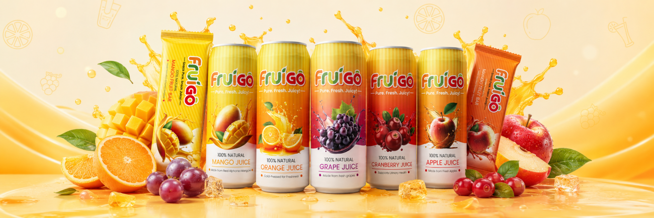The rounded wordmark, fruit-inspired colours and dynamic splash graphics create a lively identity that adapts easily across every Fruigo product.